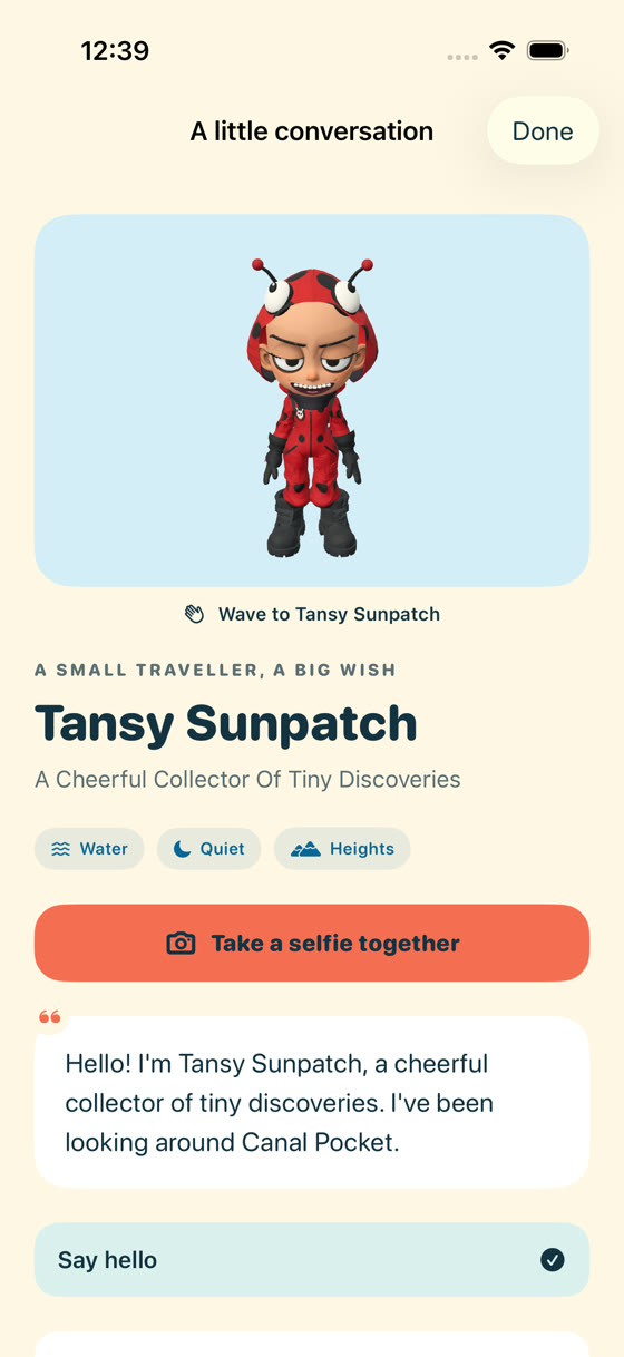 Original Ladybug traveller Tansy Sunpatch greets the player in a live 3D conversation.