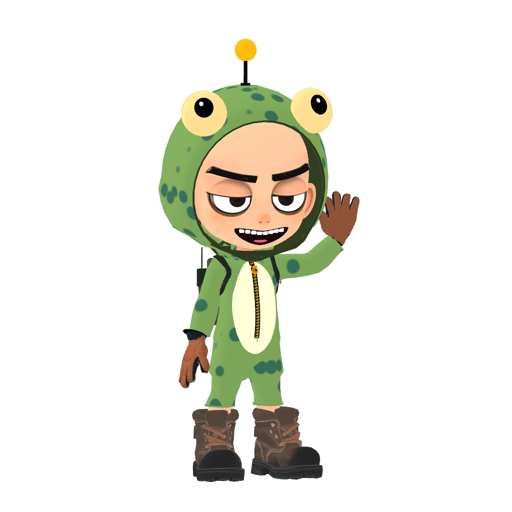 An original Travel Bug explorer, smiling and waving in a green frog outfit and boots.
